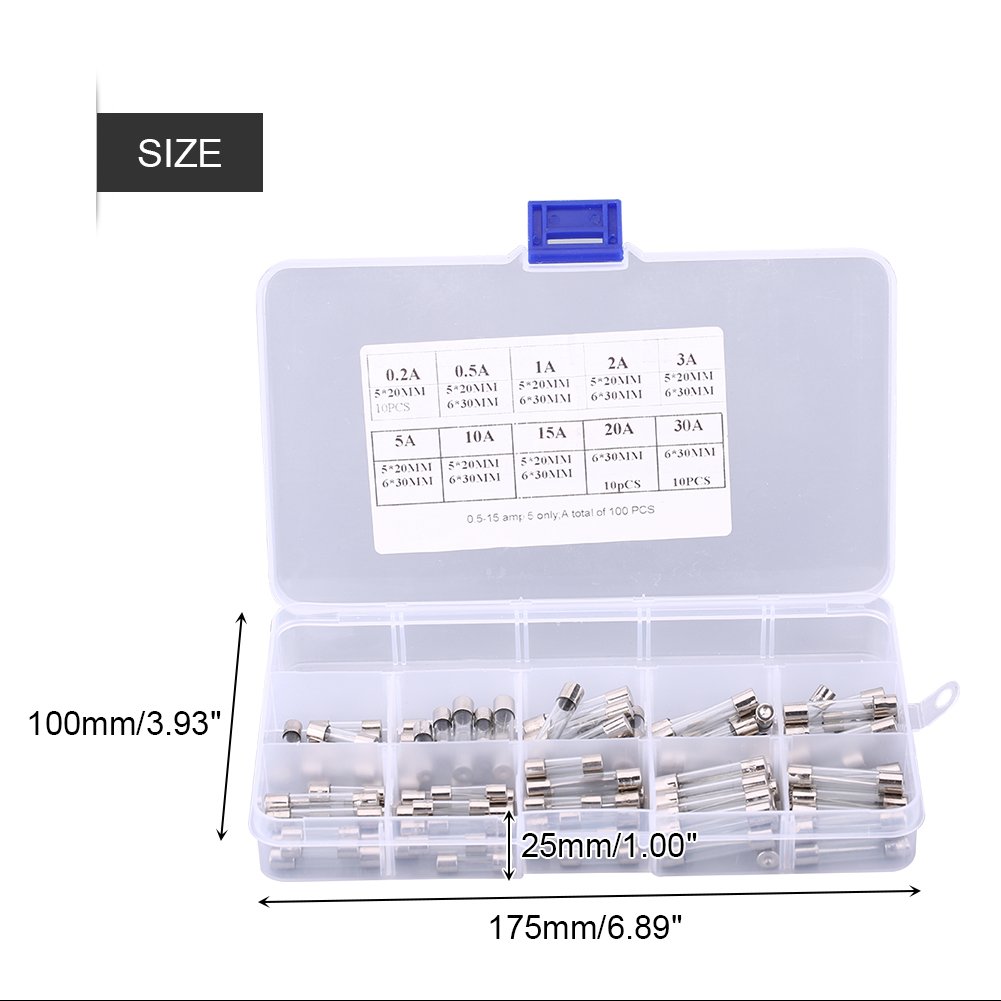 Qiilu 100 pièces 5 * 20 mm 6 * 30 mm Tube de fusible en verre, Kit de tube de fusible en verre de voiture d'assortiment 0.2A 0.5A 1A 2A 3A 5A 10A 15A 20A 30A