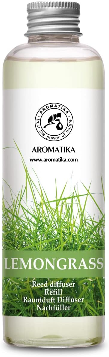 AROMATIKA Lemongrass Reed Diffuser Refill 200ml – Natural Essential Oil – Fresh Citrus Room Fragrance – Long Lasting Strong Scent – Room Diffuser Oil Refill for Home & Office Aromatherapy Use & Relax