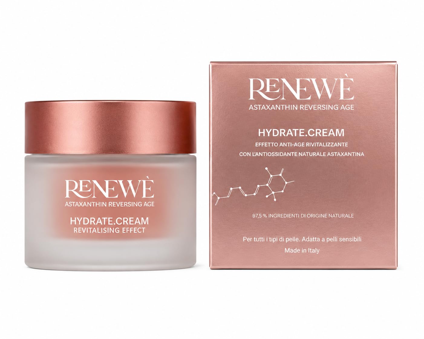 Renewè HYDRATE.CREAM Crema Viso Idratante Antiage Antiossidante con Astaxantina Pura, Vitamina C, E e Acido Ialuronico - Texture Leggera a Rapido Assorbimento - 50 ml