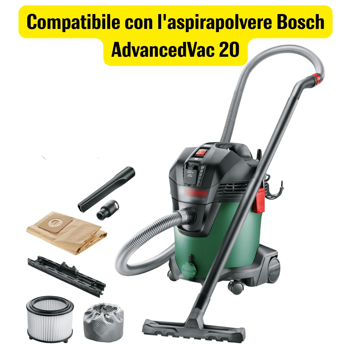 5 sacchetti per aspirapolvere Bosch AdvancedVac 20, compatibili con aspirapolvere a secco Bosch, multistrato, per filtrazione ultra forte del 99,99% (2 609 256 F33)