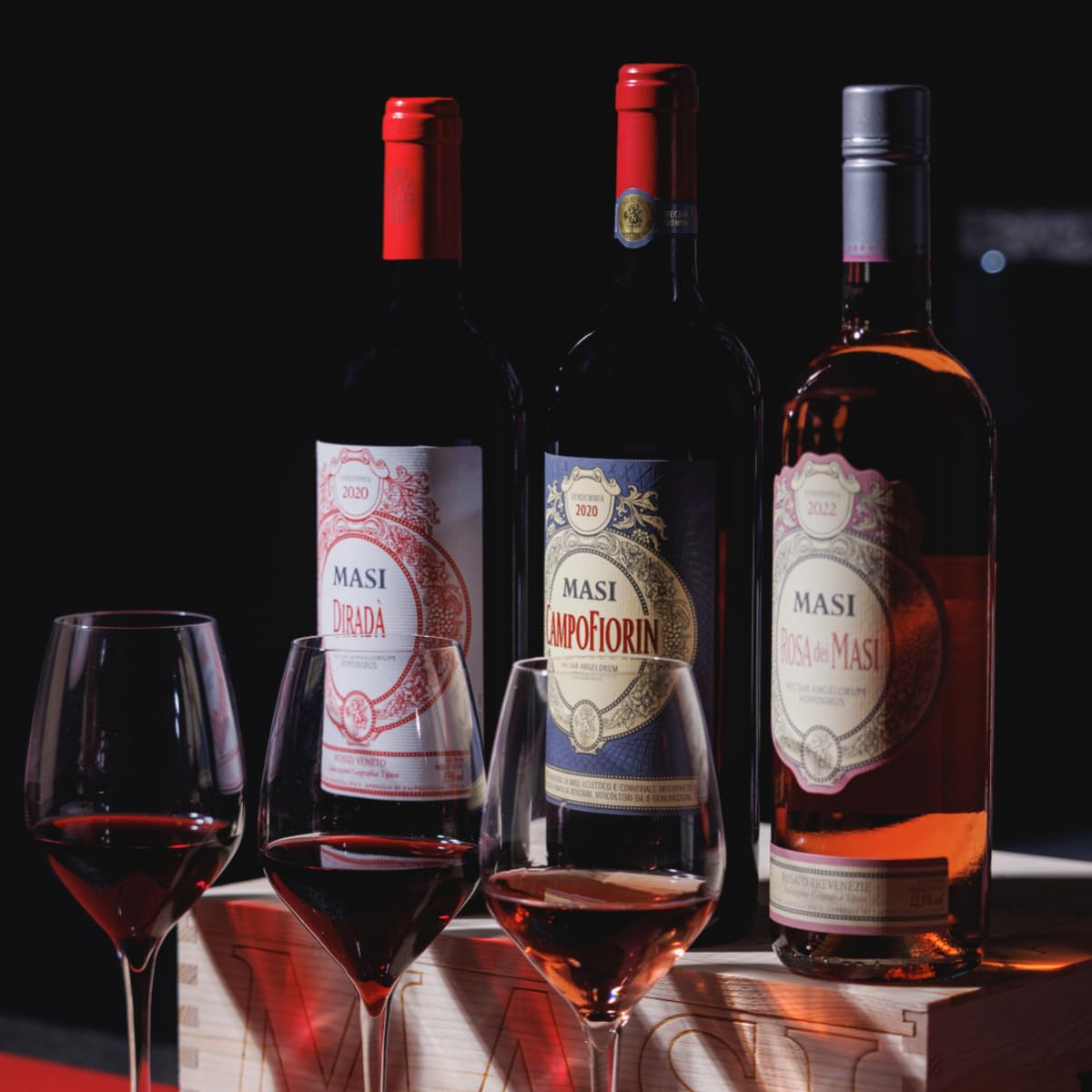 Paquet exclusif "Matices de Masi" | DIRADA' Rosso Veneto IGT, CAMPOFIORIN Rosso Verona IGT, ROSA DEI MASI Rosado delle Venezie IGT | 3X750 ml | Caisse en bois