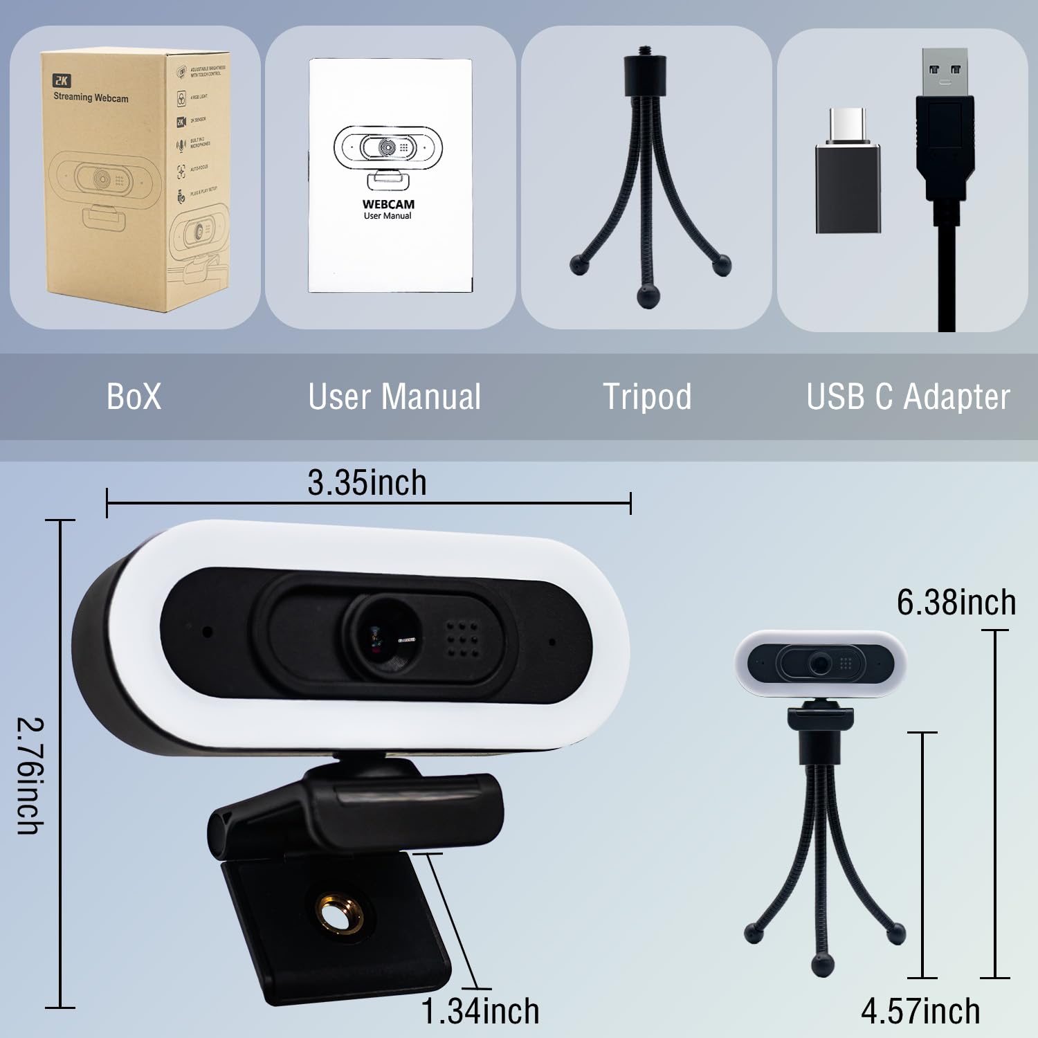 Cámara web W4 de enfoque automático con micrófonos duales y luz LED, 1080P 60 fps/2K 50 fps, cámara de transmisión USB para PC, portátil, Switch 2, escritorio, Plug and Play
