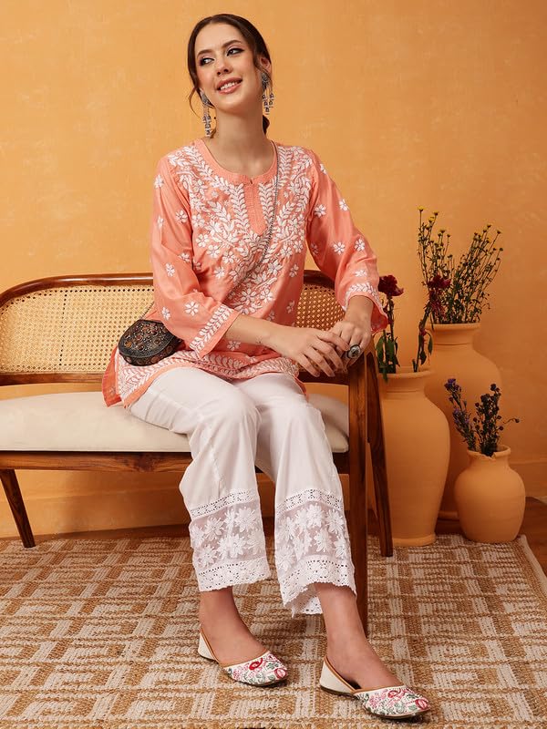 Image of Ada Women's Muslin Straight Fit Tunic Hand Embroidered Lucknowi Chikankari Straight Top Short Kurti A911420
