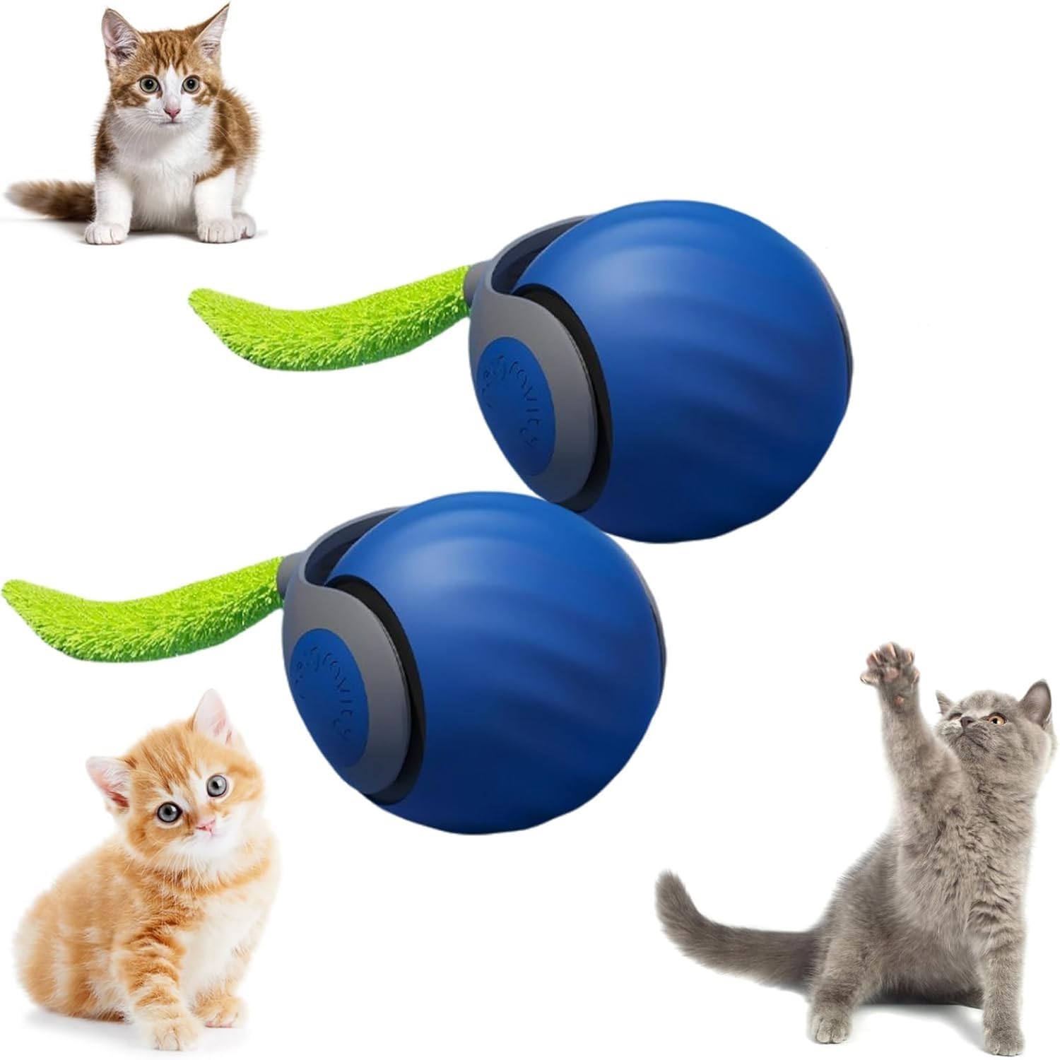 Rechargeable Interactive Cat Toy Ball, Automatic Electric Moving Cat Toy Ball for Indoor Cats, Smart USB Rechargeable, Two Speed Adjustment with Replacement Tail (Blue-2PCS)