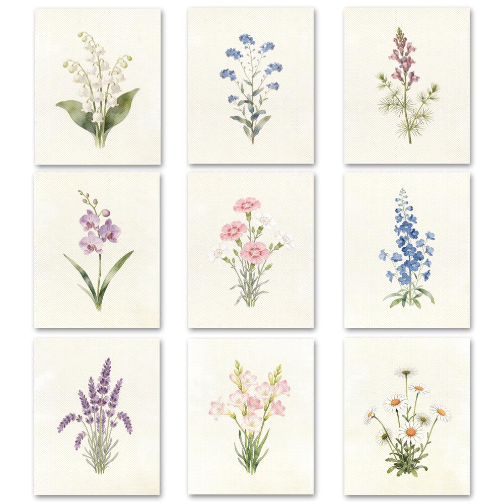 TNKBREEZE 9 Pcs Minimalist Wall Art Floral Unframed Canvas Paints Poster Decor Artwork Aesthetic Printings for Living Room Kitchen Bedroom Bathroom Florist 8x10In