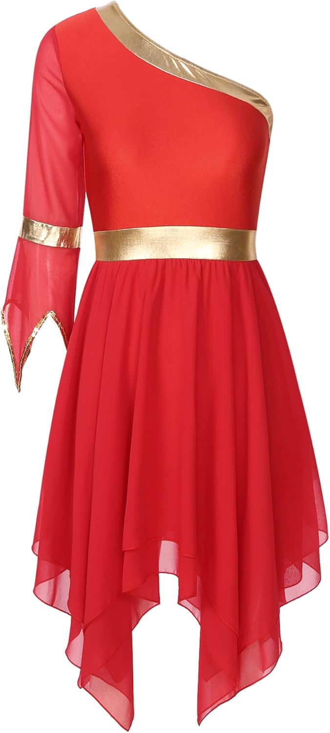 FEESHOW Women's Praise Lyrical Dance Dress One Shoulder Irregular Hem Liturgical Worship Tunic Praisewear