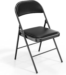 VINGLI Folding Chair Padded PU Leather Seat & Back, Heavy-Duty Metal Frame 350 lbs Capacity, Easy Fold Black