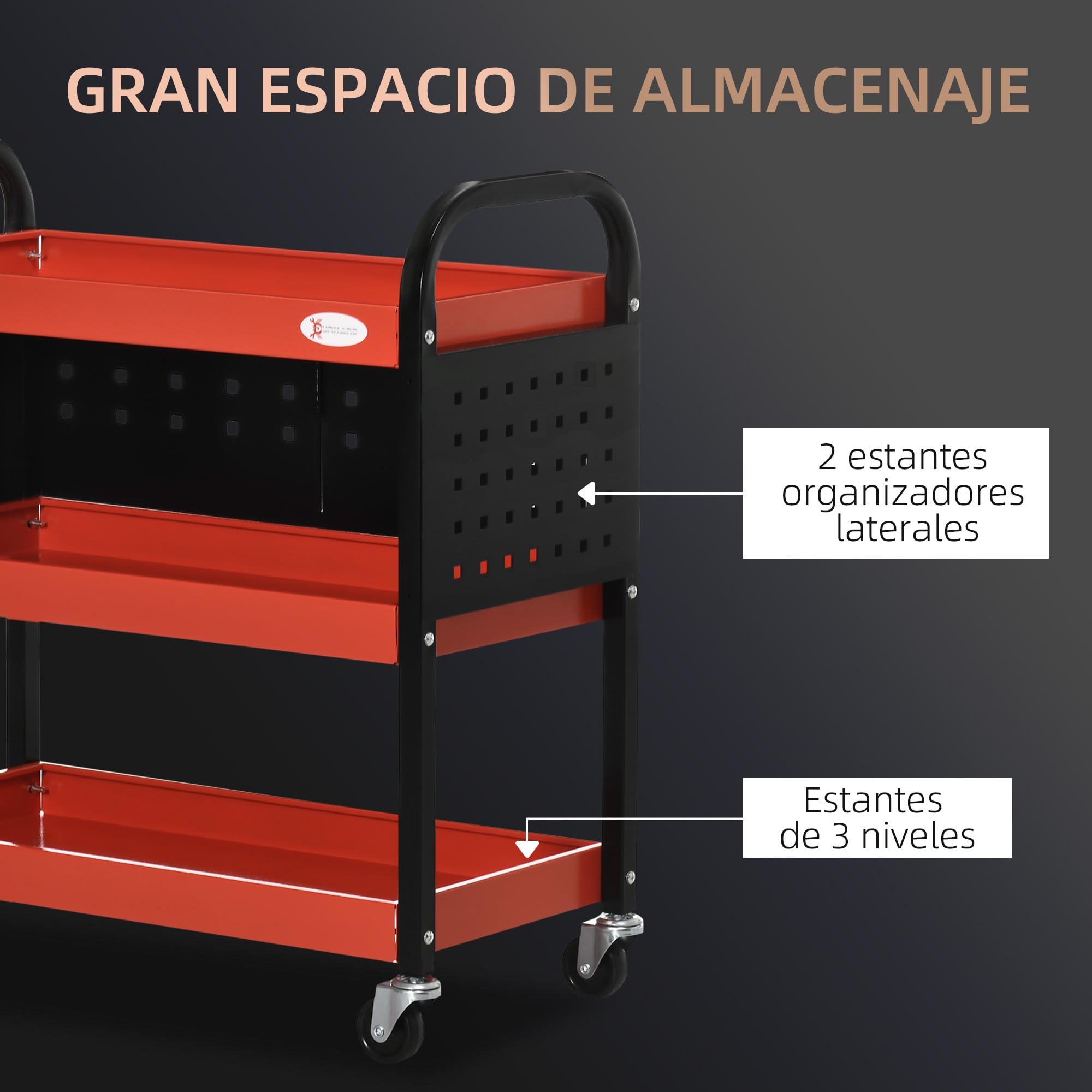 DURHAND Carro de Taller Carro de Herramientas con 3 Estantes Ruedas y Paneles Perforados para Garaje Mecánico Hogar Carga 100 kg Rojo y Negro