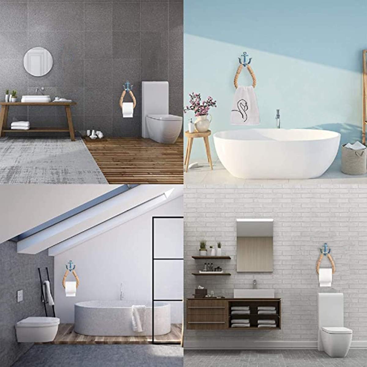 2 Pcs Nautical Rope Toilet Paper Holder Wall-Mounted Towel Ring Nautical Toilet Paper Holder with Metal Hooks Coastal Towel Rack Natural Antique Rope （Blue+Blue）