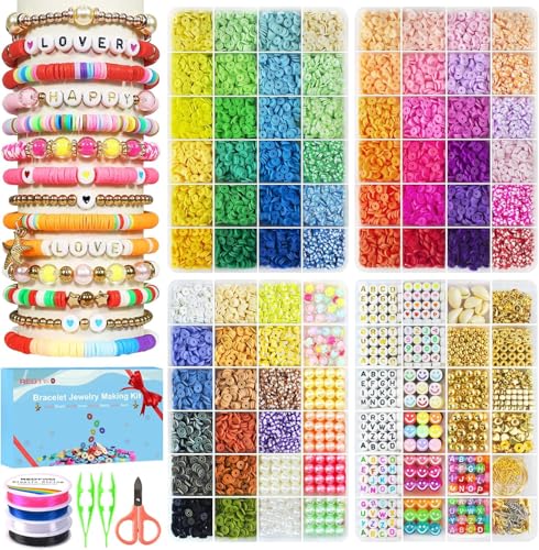 Image of Redtwo 18000 Pcs Clay Beads Bracelet Making Kit, 4 Boxes 64 Colors Flat Polymer Heishi Jewelry with Gift Pack, Friendship Bracelet for Girls Ages 8-12