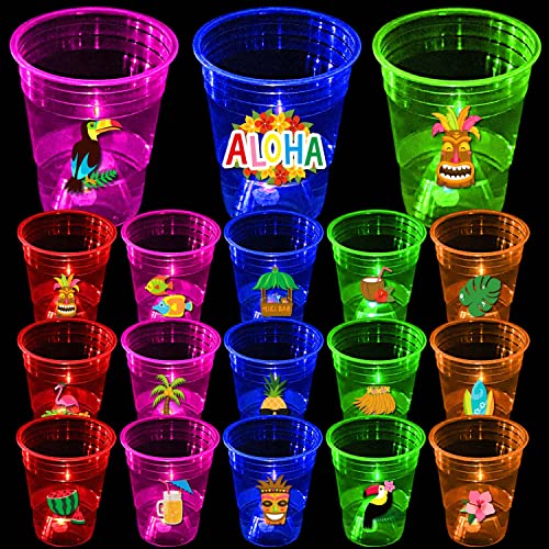 mishunyus 16 oz Glowing Party Cups, Set of 40 - Hawaiian Luau, Tropical, Aloha Party Decorations with LED Lights & Waterproof Stickers