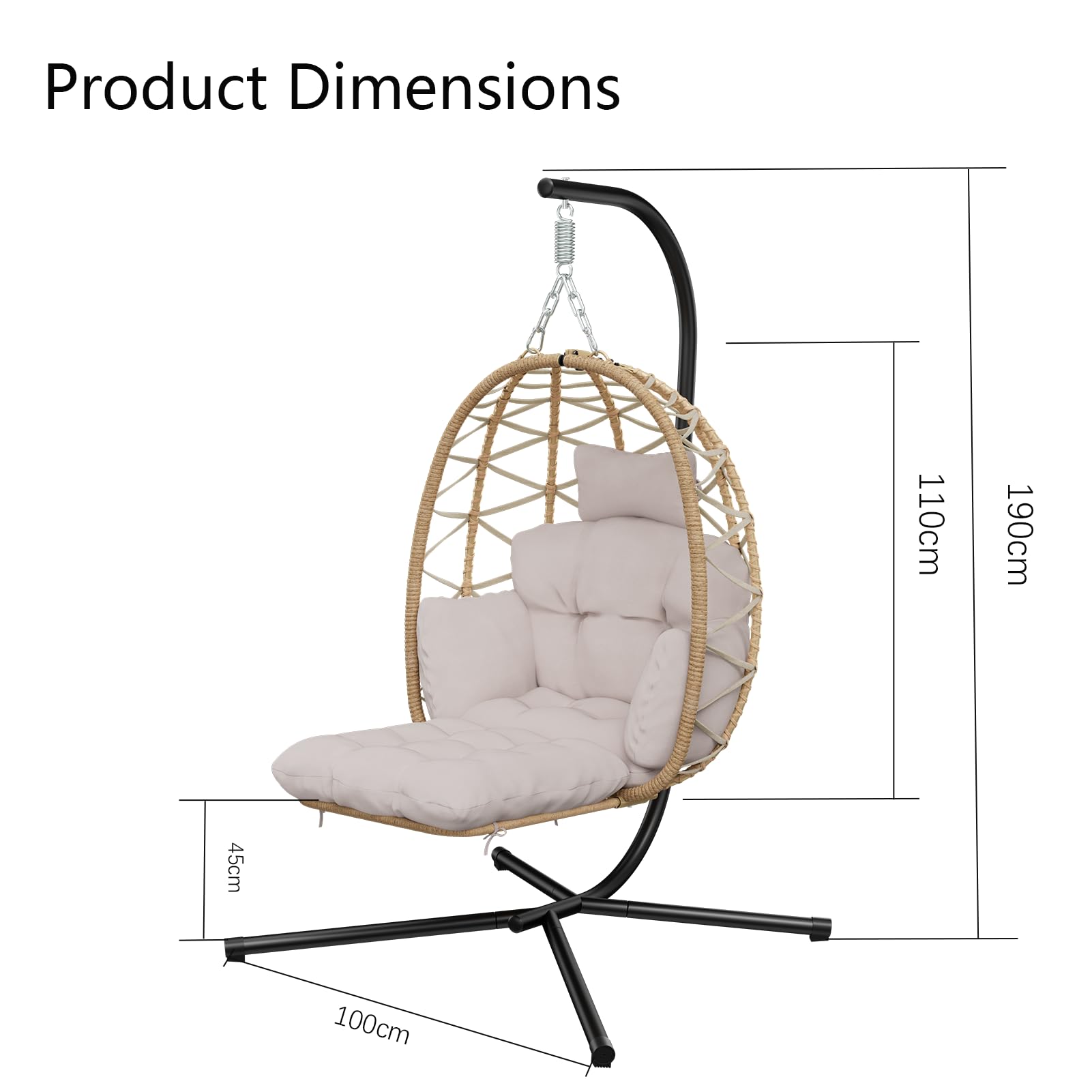 Poltrona sospesa con telaio, per interni ed esterni, fino a 150 kg, poltrona sospesa da giardino, con copertura impermeabile e lavabile, per balcone, terrazza (grigio)