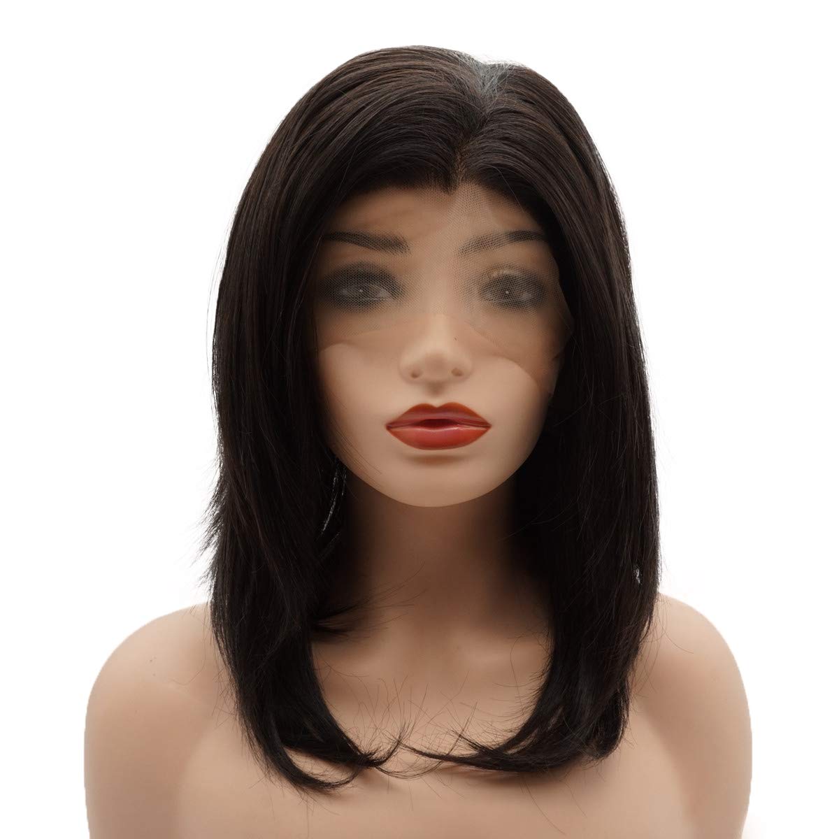 Hair Straight Short 15inch Dark Brown Heavy Density Realistic Heat Resistant Synthetic Lace Front pretty Wigs