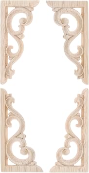2Pairs Wood Carved Appliques Corner Wooden Carving Onlays Furniture Decals | Unpainted Carvings Decals for Cabinet Drawer Wall Bed Door Dresser Mirror Cupboard Furniture DIY Decor, 12x6cm/4.72"x2.36"
