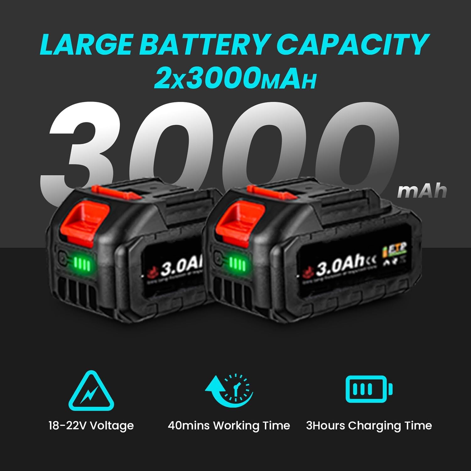 Image showing two 3.0Ah Lithium-ion battery packs with charge indicators.