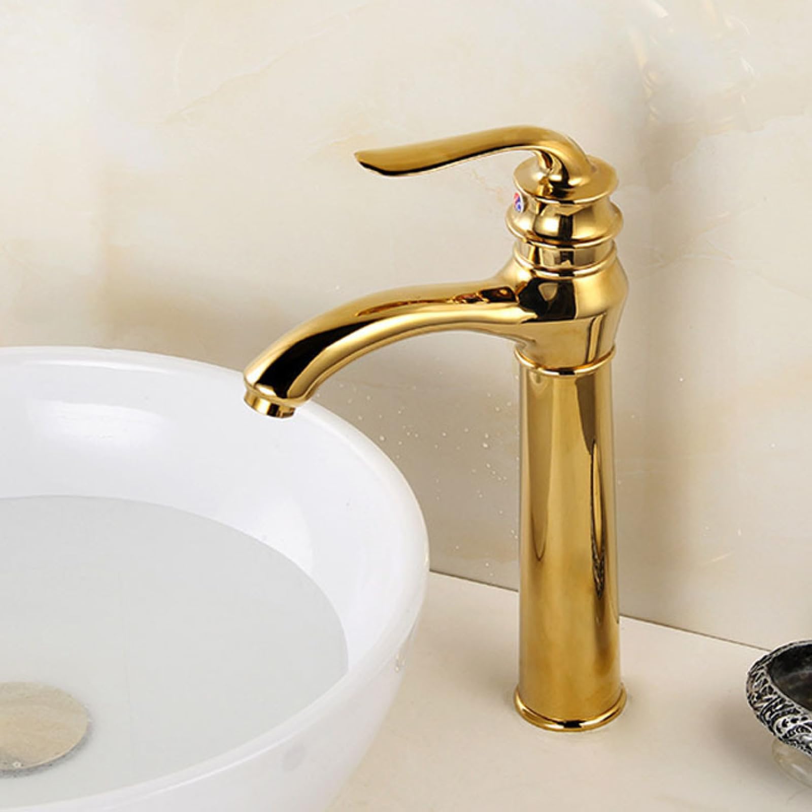 Basin Taps Mixers Bathroom Sink Retro Single Lever Vintage Faucet Mixer Tap Hole Hot and Cold Water, Gold, High