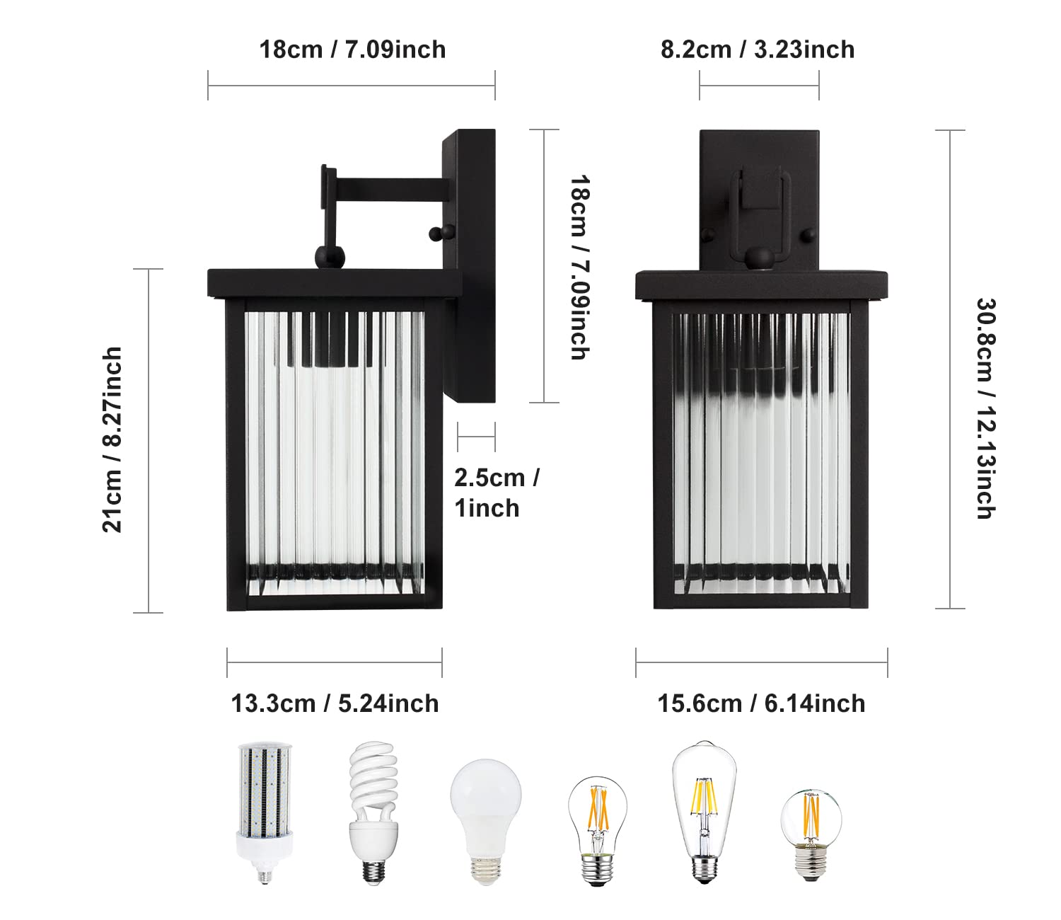 DAWALIGHT Aplique de Pared Exterior Rectangular, Farol Exterior Pared Negro, Vidrio Acanalado, Base E27, Lámpara para Jardín Patio Porche Entrada