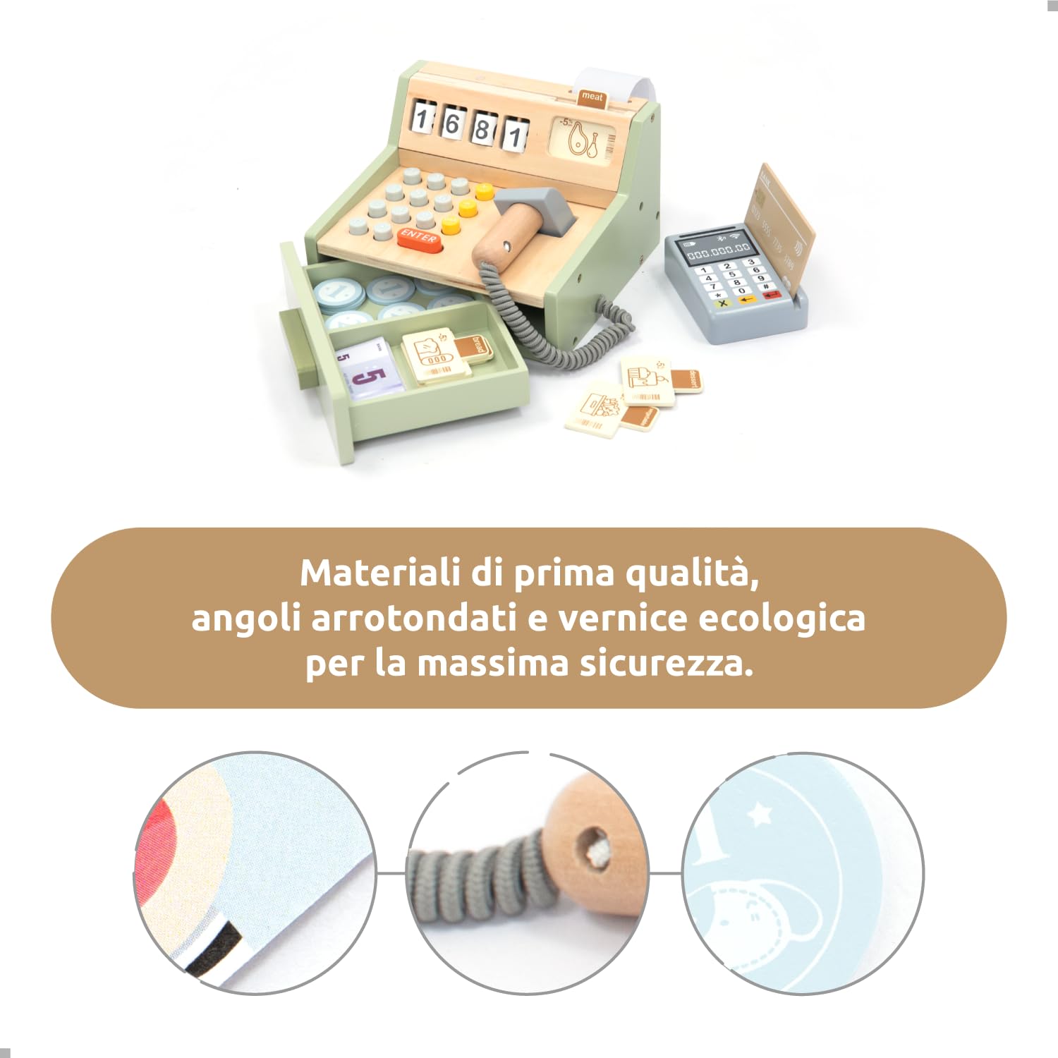 UMU® Cassa per bambini in legno - scanner, terminale di pagamento, denaro, negozi di masticazione e accessori per gioco di ruolo, da 3 a 6 anni