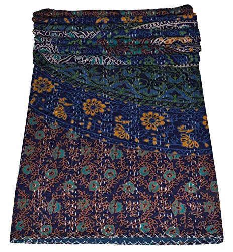 V Vedant Designs Six Color Blue Matching Queen Cotton Kantha Quilt Throw Blanket Bedaprada Mandala Quilt, 80x90 Inch