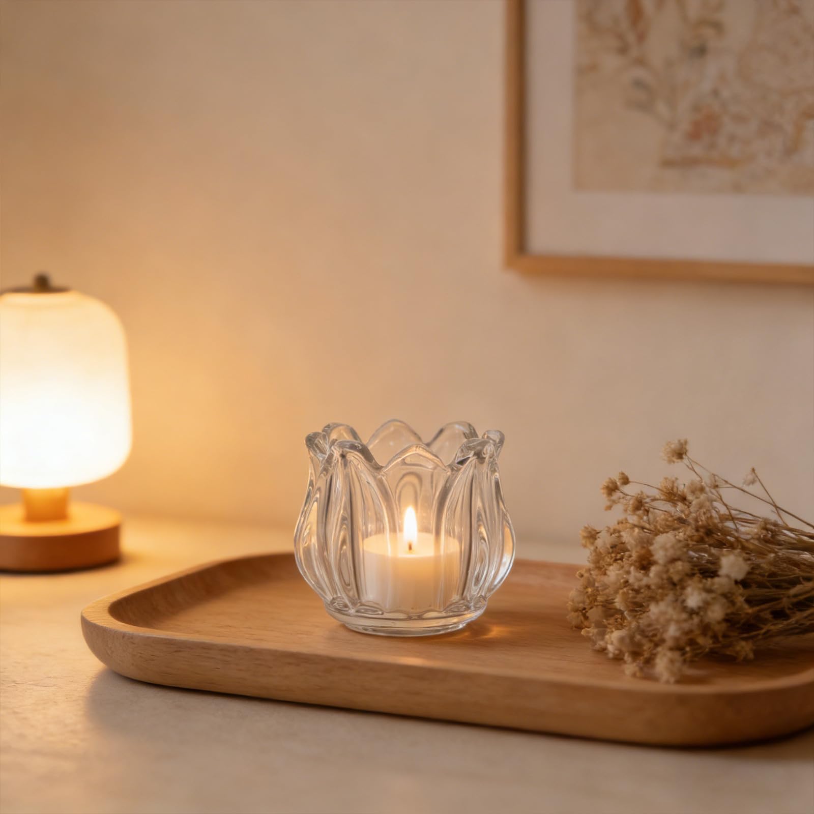 Beavorty 4 Pezzi Portacandele Decorazione Elegante a Forma di Tulipano Tealight in Vetro Trasparente da 100ml per Centrotavola in Casa e Anniversari