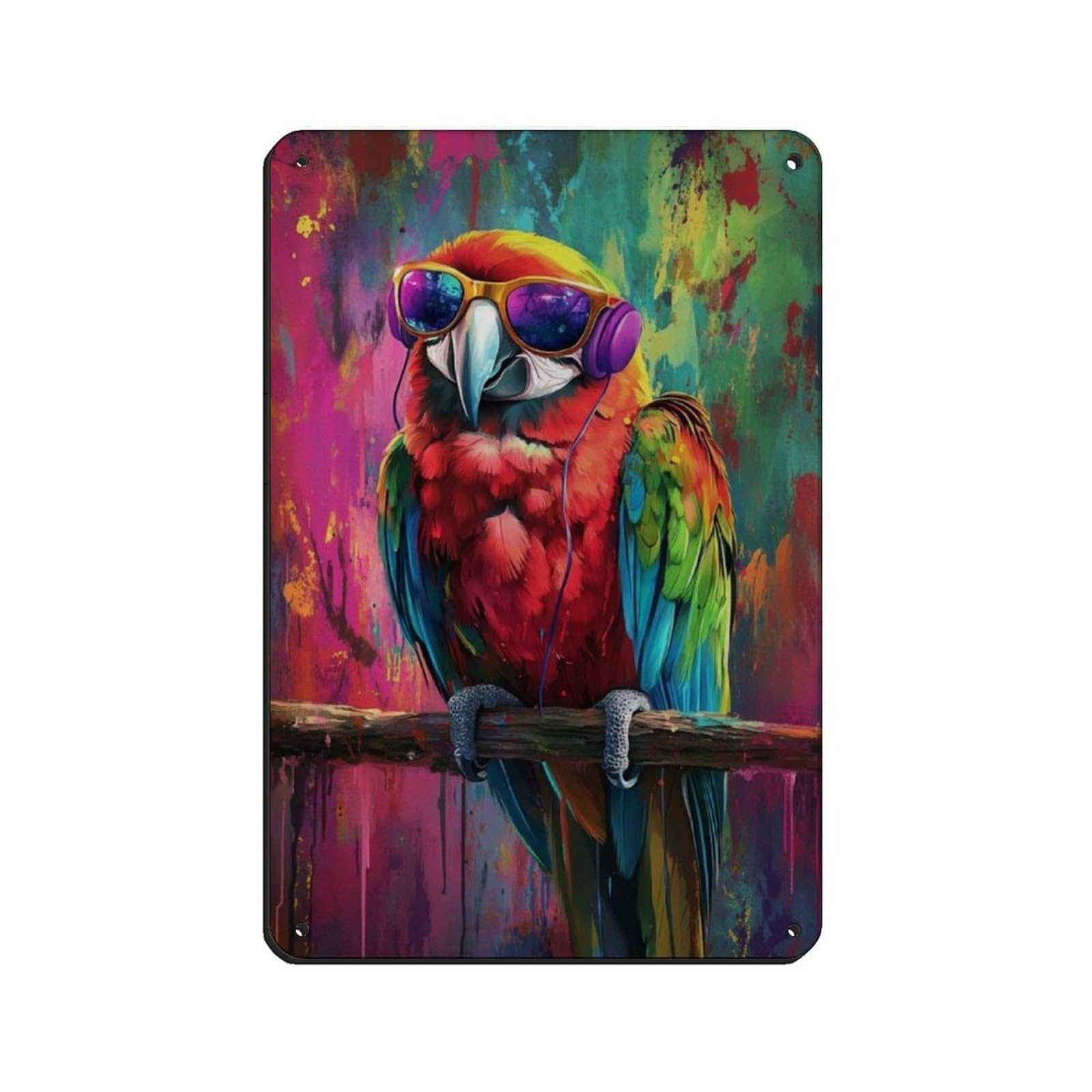Parrot With Headphones Poster Retro Poster Metal Tin Sign Chic Art Retro Iron Painting Bar People Cave Cafe Family Garage Poster Wall Decoration 8x12inch(20x30cm)