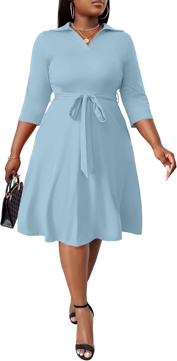 FANDEE Plus Size Midi Dress for Women - Printing Summer Dresses for Wedding Guest Cocktail Party 3/4 Sleeve V Neck（L-5XL） - Image 2