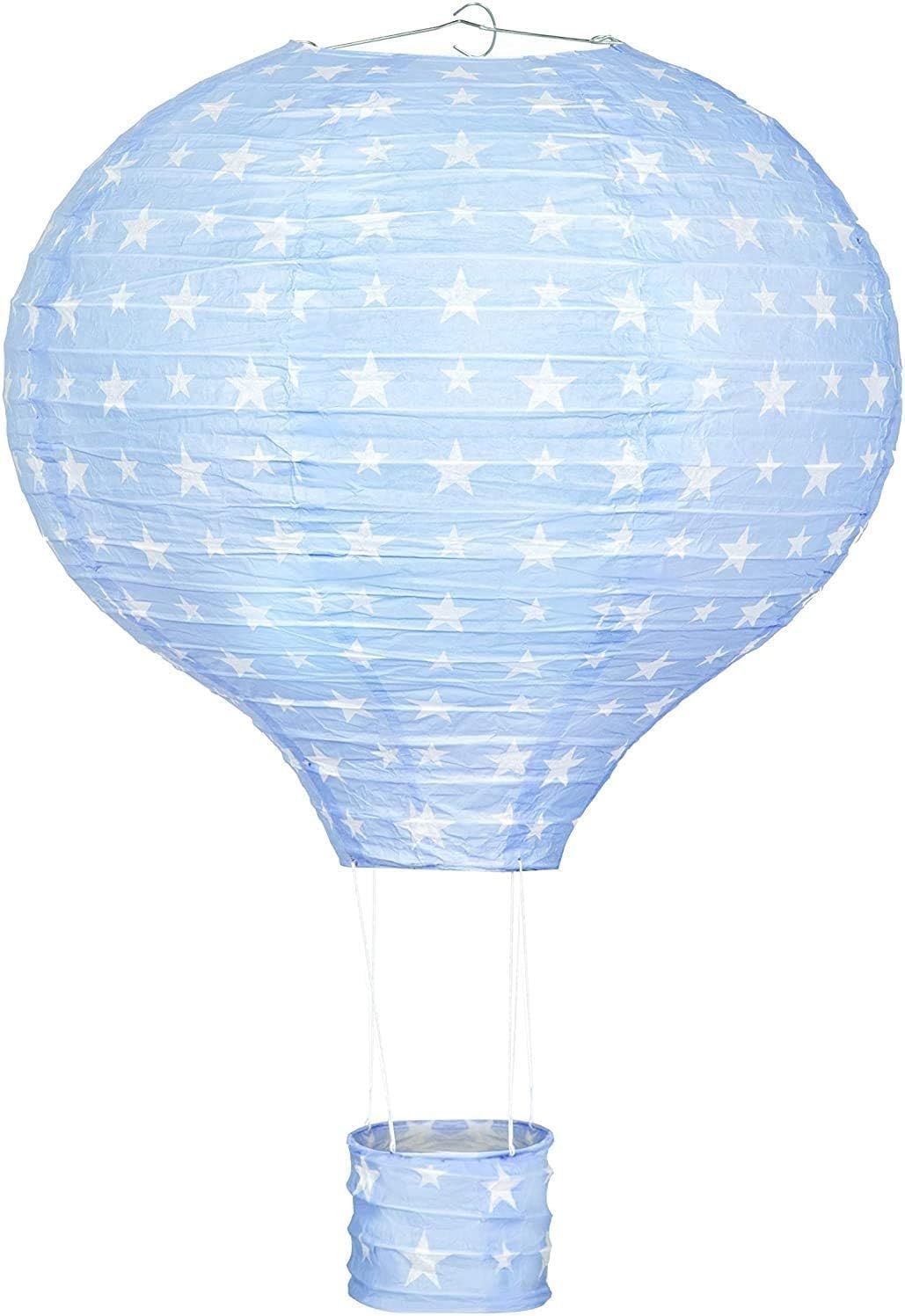 Kids Hot Air Balloon Pendant Ceiling Lampshade – Paper Light Shade with White Star Pattern for Bedroom & Home Decor – 30cm or 40cm in Pink or Blue – LED Bulbs Only (Bluestar30cm)