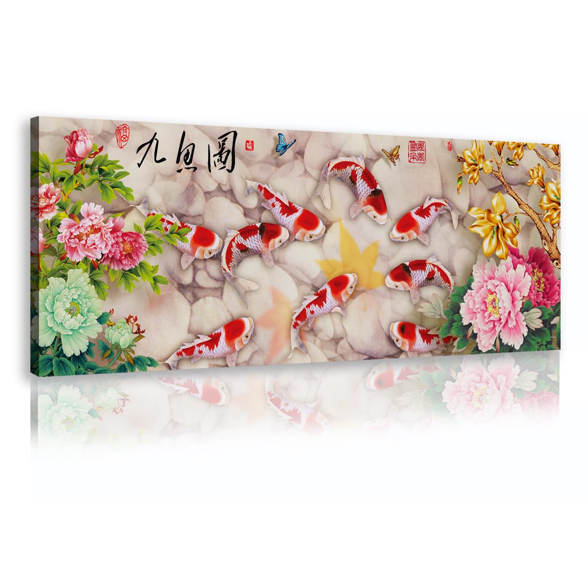 CHERHERART 9 stampe di pittura di pesci su tela per casa sala da pranzo soggiorno camera da letto murales in stile cinese Koi e peonia murales 55x140cm