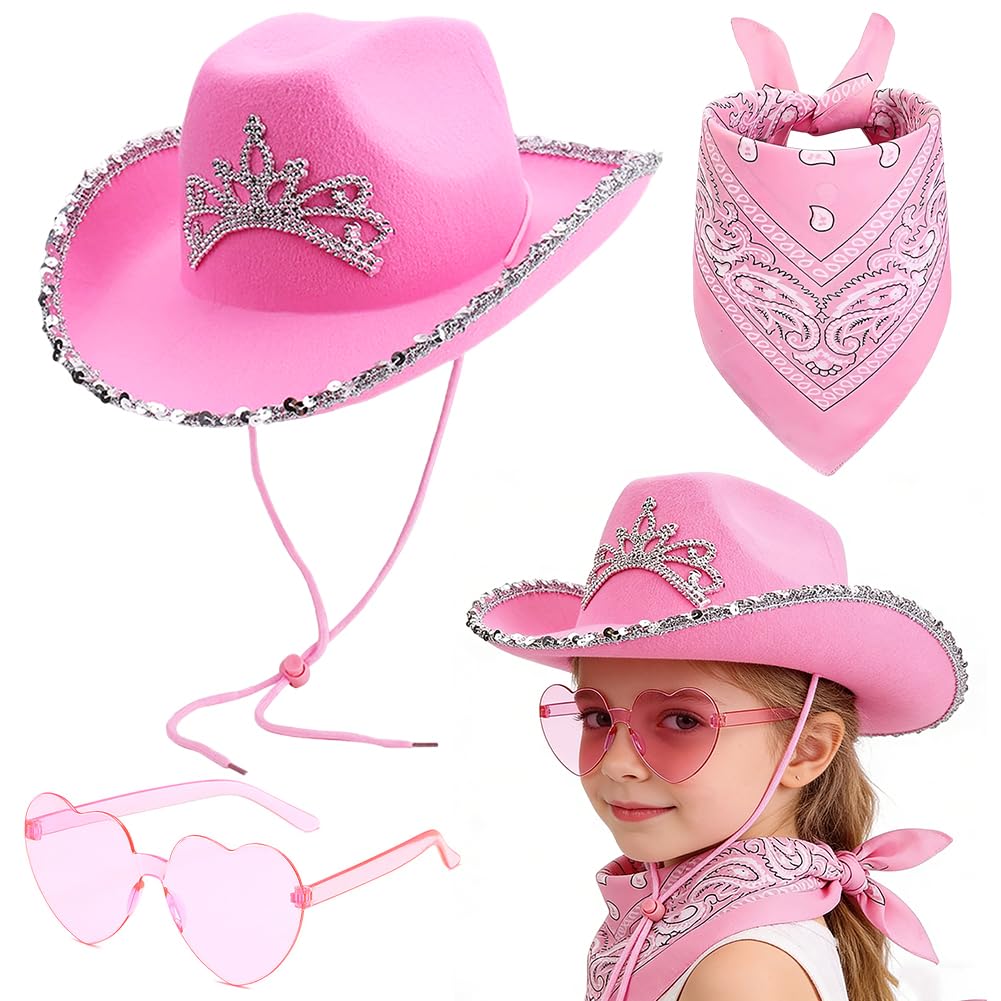 FCXVXCL Kids Cowboy Hat 3 PCS Cowboy Costume Sparkly Pink Costume Children with Pink Hat Scarf Heart Sunglasses and Sequin Trim for Halloween World Book Day Fancy Dress Up — image 1