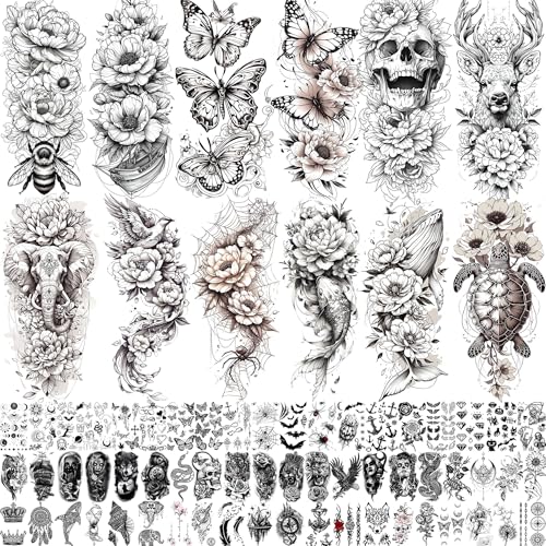 71 Sheets Rose Peony Flower Temporary Tattoos For Women Adults Black Florals Half Arm Sleeve Realistic Temp Bulk Fake Tattoo Stickers Butterfly Ship Bee Carp Turtle Elephant Whale Spider Web Skull