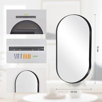 Melodieux Black Bathroom Vanity Mirror for Wall, 55x75 cm Metal Framed Wall Mirror Oval, Decorative Mirror for Bedroom Living Room Entryway Horizontally or Vertically