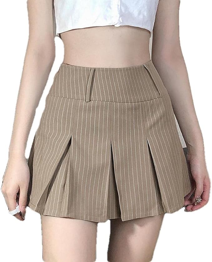 Amazon 大人の服とロールプレイング ハイウエストカーキプリーツスカート女性ウエスト細いストライプスカートスカート スカート 通販