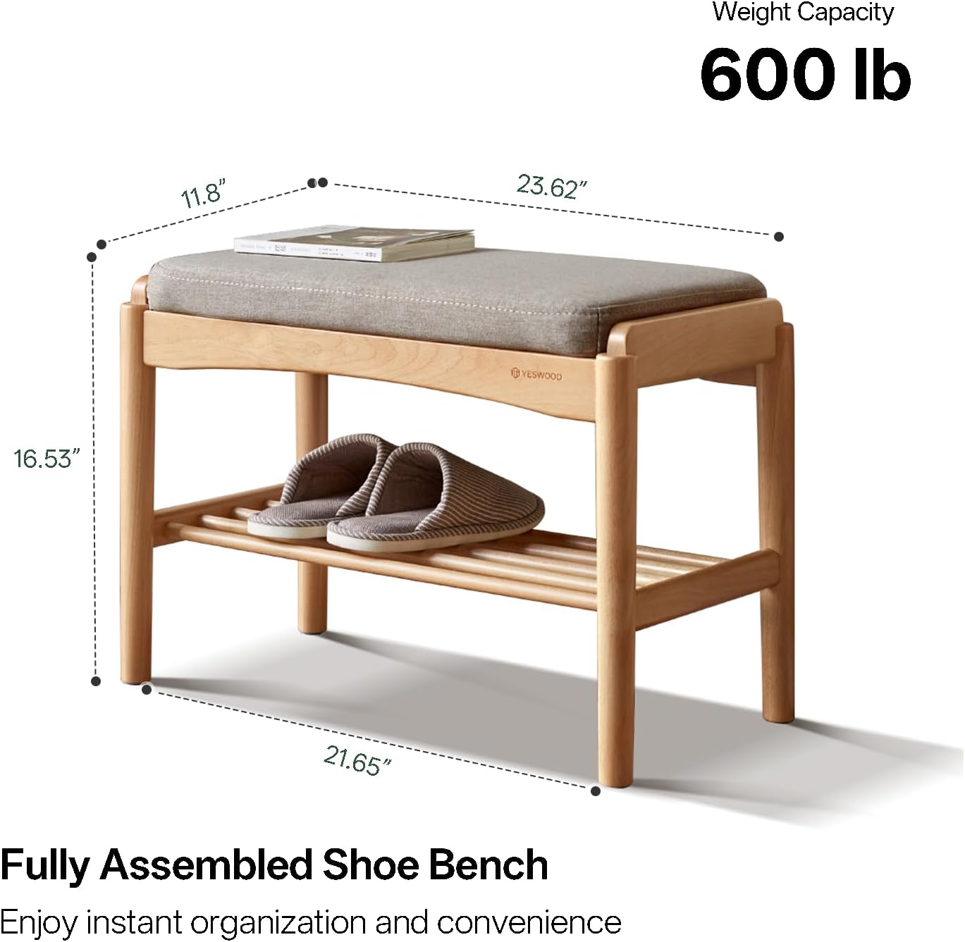 Solid Wood Shoe Bench Assembled, Shoe Rack Bench with Gray Cushion for Entryway, Living Room, Bedroom, Hallway, 11.8" x 23.6" x 16.5", Natural
