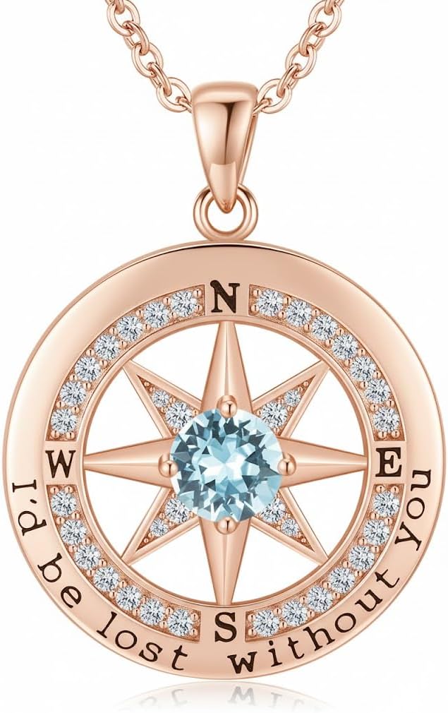 Compass Necklace for Women Wife Girlfriend Mom Daughter Gifts S925 Sterling Silver Jewelry For Anniversary Rose Gold Gifts For Birthday Christmas Mothers Valentines Day 12 Birthstones
