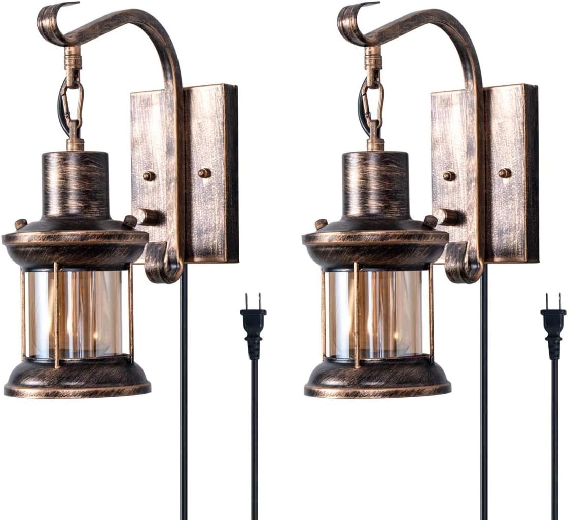 Rustic Wall Light, 2-in-1 Oil Rubbed Bronze Vintage Wall Light Fixtures Plug in Industrial Glass Shade Lantern Lighting Retro Lamp Metal Wall Sconce for Home Bedroom Dining Room Cafe(2 Pack)