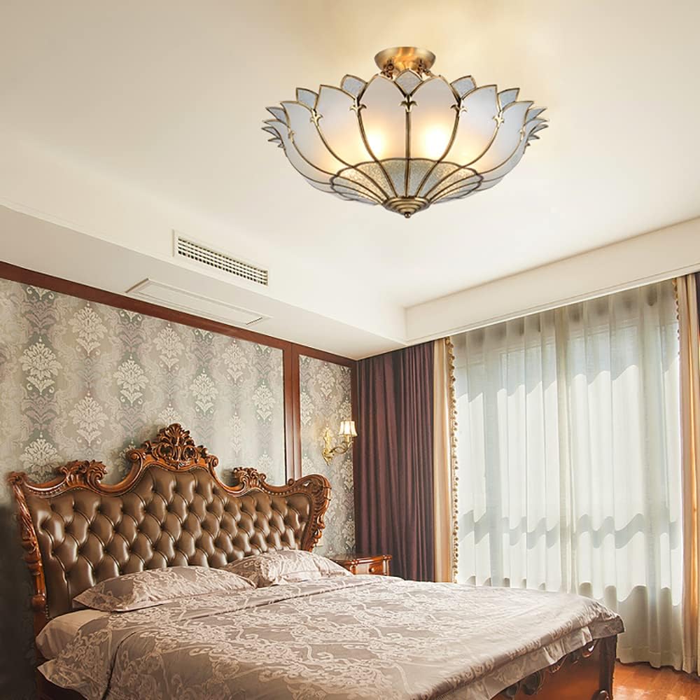 Petal Brass Semi-Flush Mount Ceiling Light, Elegant Frosted Glass Ceiling Light Fixture for Living Room Hall Bedroom, 6 Lights