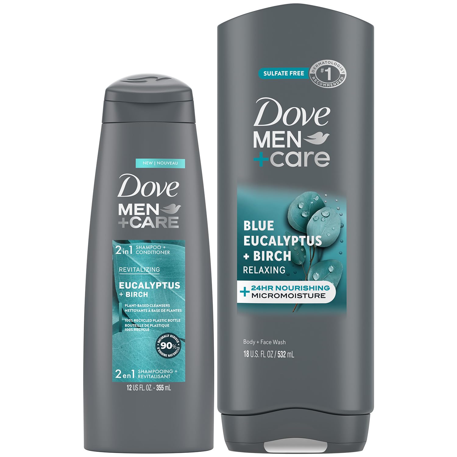 Dove Men+ Care Shower Essentials – Relaxing Body + Face Wash, Blue Eucalyptus + Birch and Revitalizing 2-in-1 Shampoo, Eucalyptus + Cedar