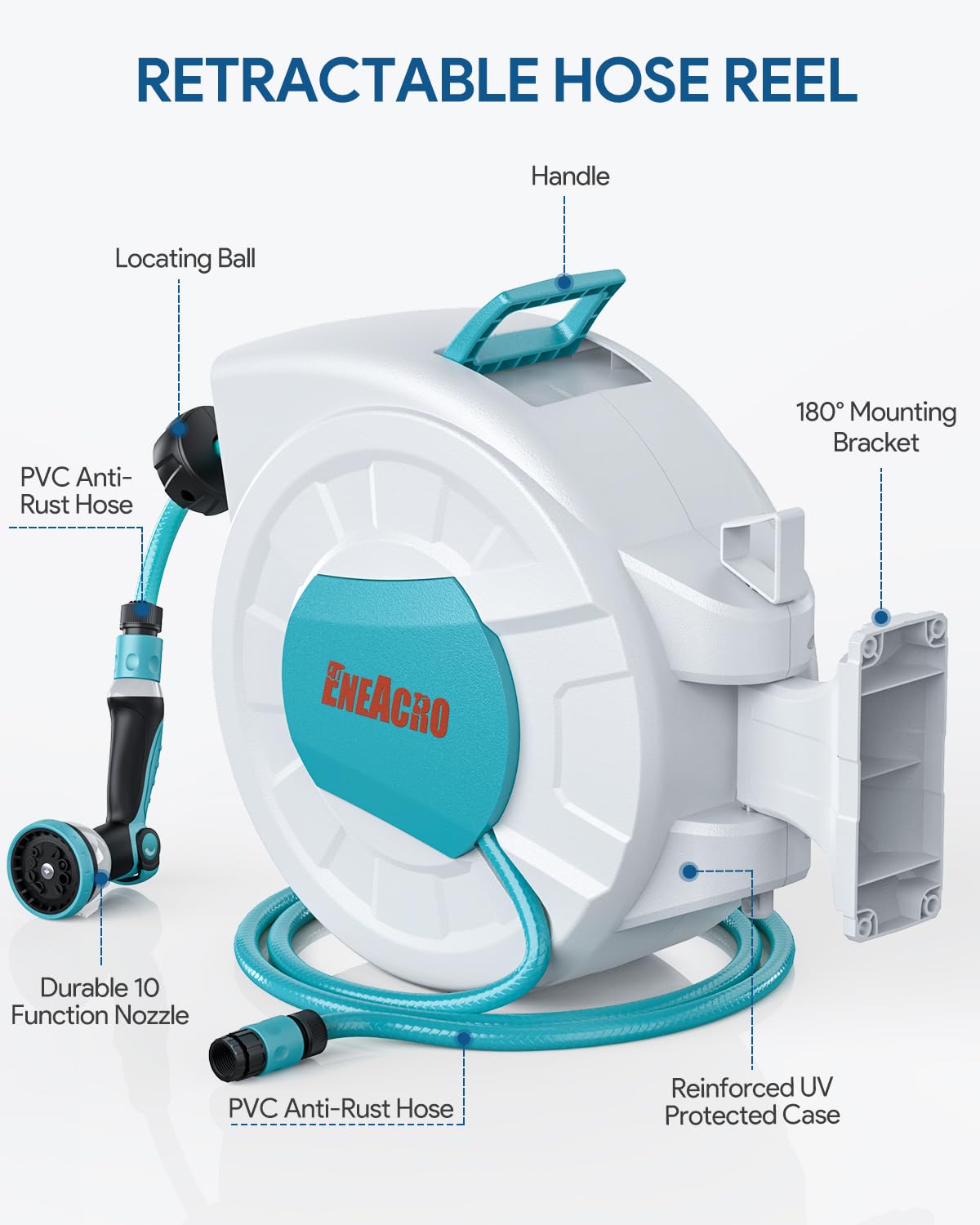 ENEACRO Enrollador Manguera Jardin de 30 m | Cartucho de manguera de pared con pistola pulverizadora de 10 funciones y función de enrollado automático, Garden Hose Reel
