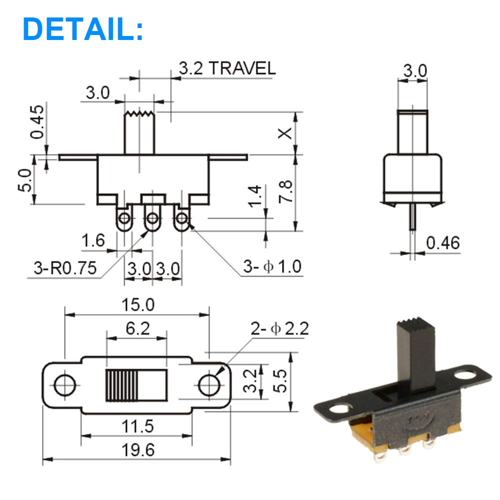 20 sztuk mini pionowych przełączników przesuwnych 1P2T SPDT 3 piny 2 pozycje DC50 V 0,5 A SS12D10 przełącznik z 20 sztukami mini panelowy przełącznik przesuwny wł./wył. SS12F15 przełącznik