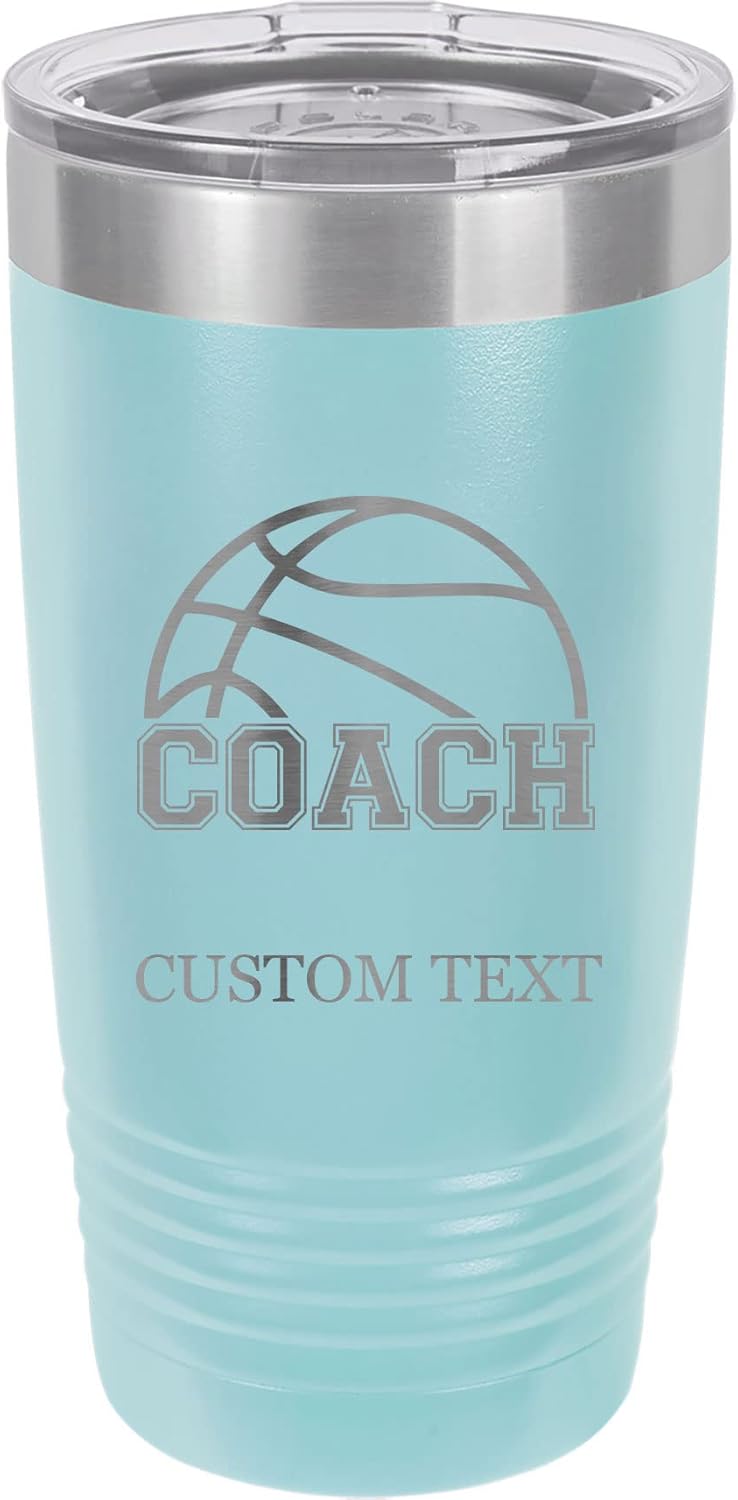 20-Ounce Vacuum Insulated Stainless Steel Tumbler Customized Double-Walled Laser Engraved White Coffee Mug, Basketball Coach, Personalized