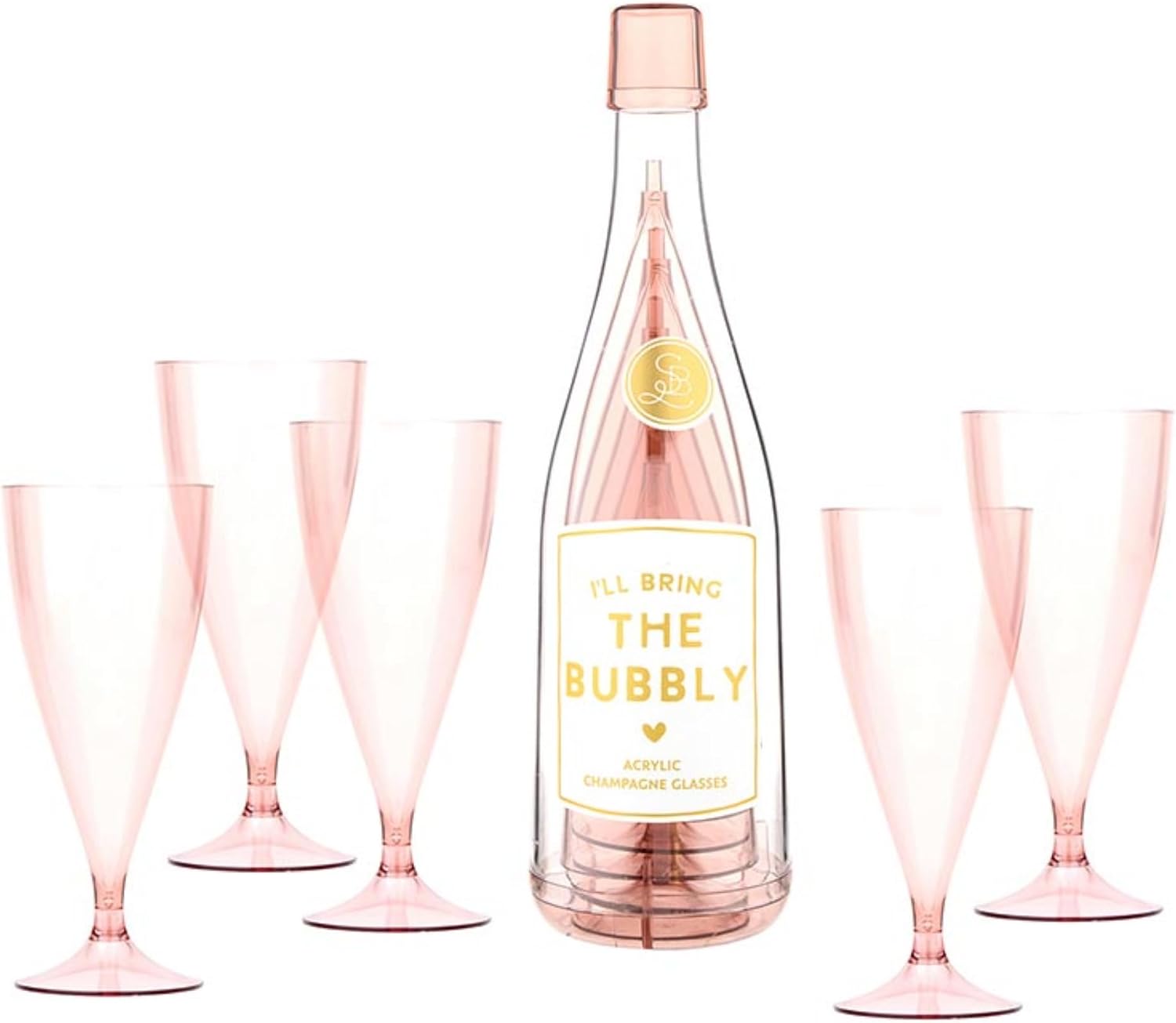 Santa Barbara Design Studio Party Champagne Flutes 5-Pack in Bottle Stackable Acrylic Stemmed Glasses, 6-Ounce, Love of Bubbles