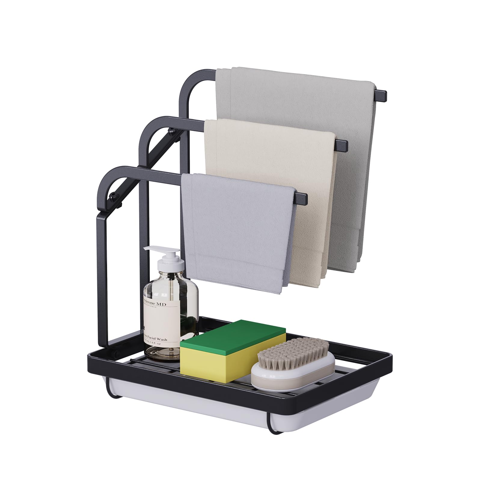 Apsan Sponge Holder with Drain Pan for Kitchen Sink, Kitchen Sink Caddy Organizer for Sponge Brush Soap Dish Dishcloth Metal Rack, Small Black