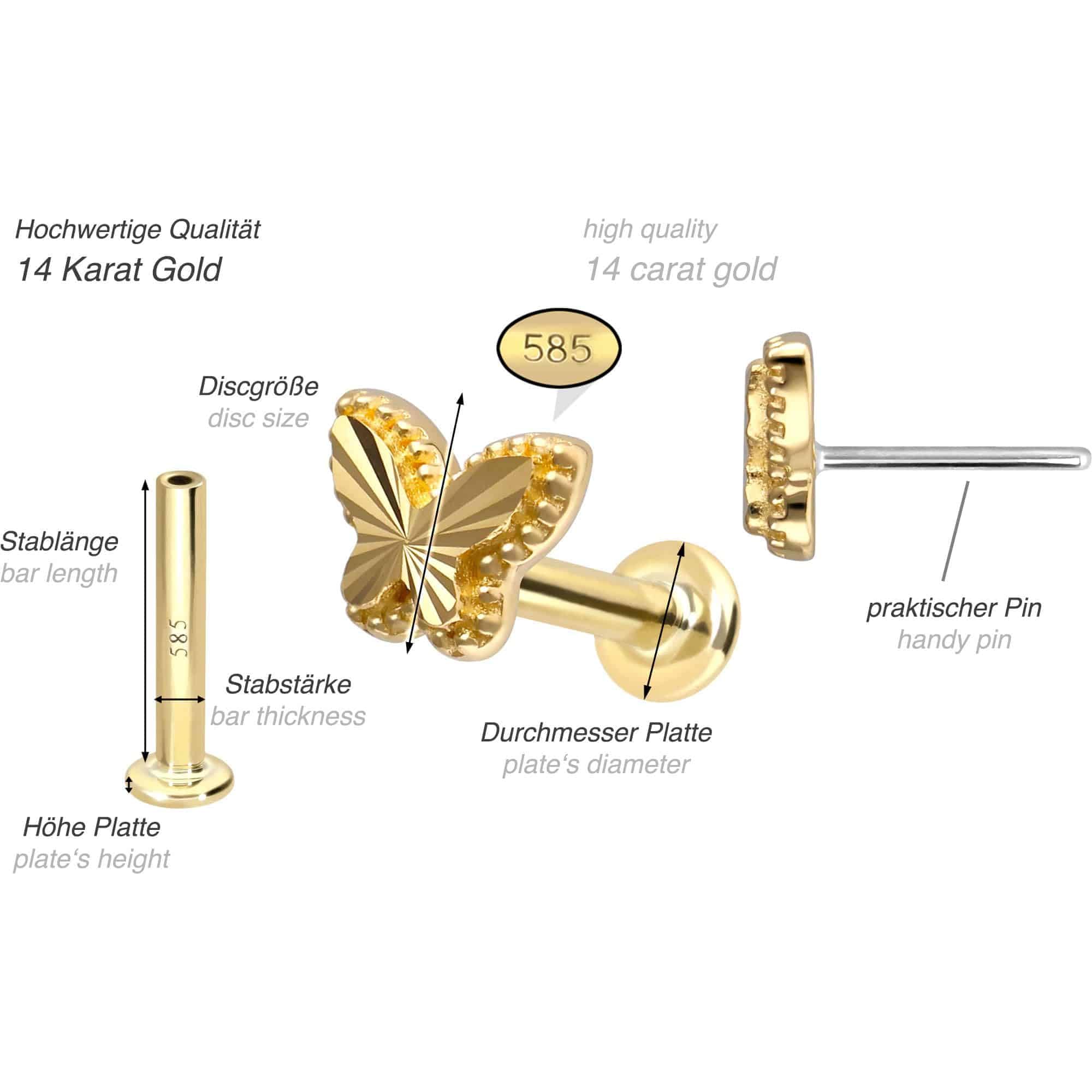 PIERCINGLINE Piercing Stecker 14 Gold Labret mit Push Fit SCHMETTERLING 585er Gold - Roségoldfarben, Goldfarben, Silberfarben