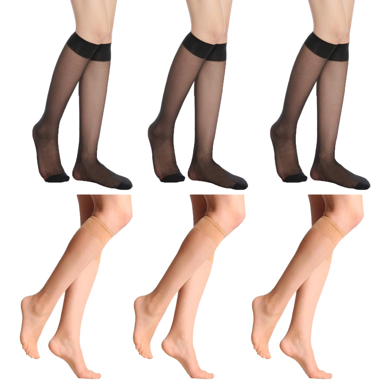 6 Pairs Pop Socks, Knee High Socks - Black Nude Breathable Women'S Knee-High Tights
