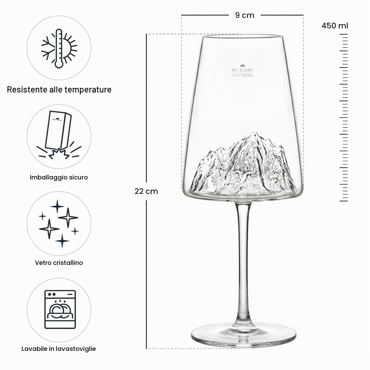 Alaskan MAKER Mont Blanc bicchiere da vino 400 ml – pregiato bicchiere in vetro borosilicato soffiato a mano con rilievo 3D della montagna sul fondo | Valigia rigida Premium con scatola magnetica |