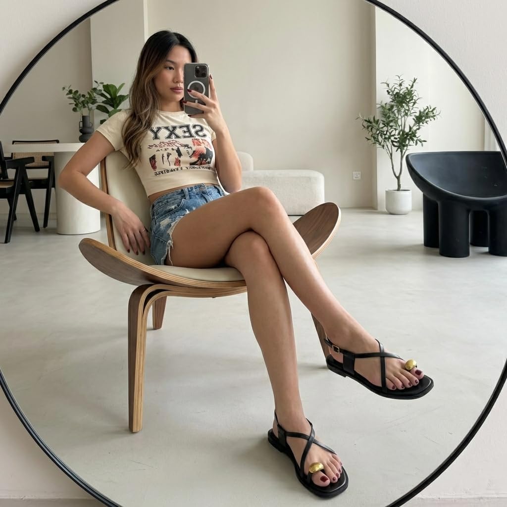 CUSHIONAIRE Corfu Flat Sandals for Women – Strappy Design with Toe Loop and Adjustable Ankle Strap – Lightweight Summer Dress Sandal