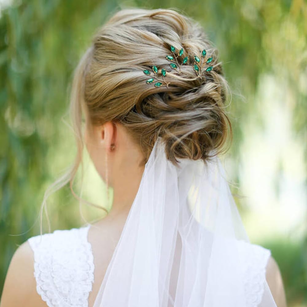 inSowni 7 Pieces Vintage Party Prom Wedding Bridal Emerald Green Beads Crystal Hair Side Combs+Rhinestone U-shaped Hair Pins Headpieces for Brides Bridesmaids Women Girls - Image 2