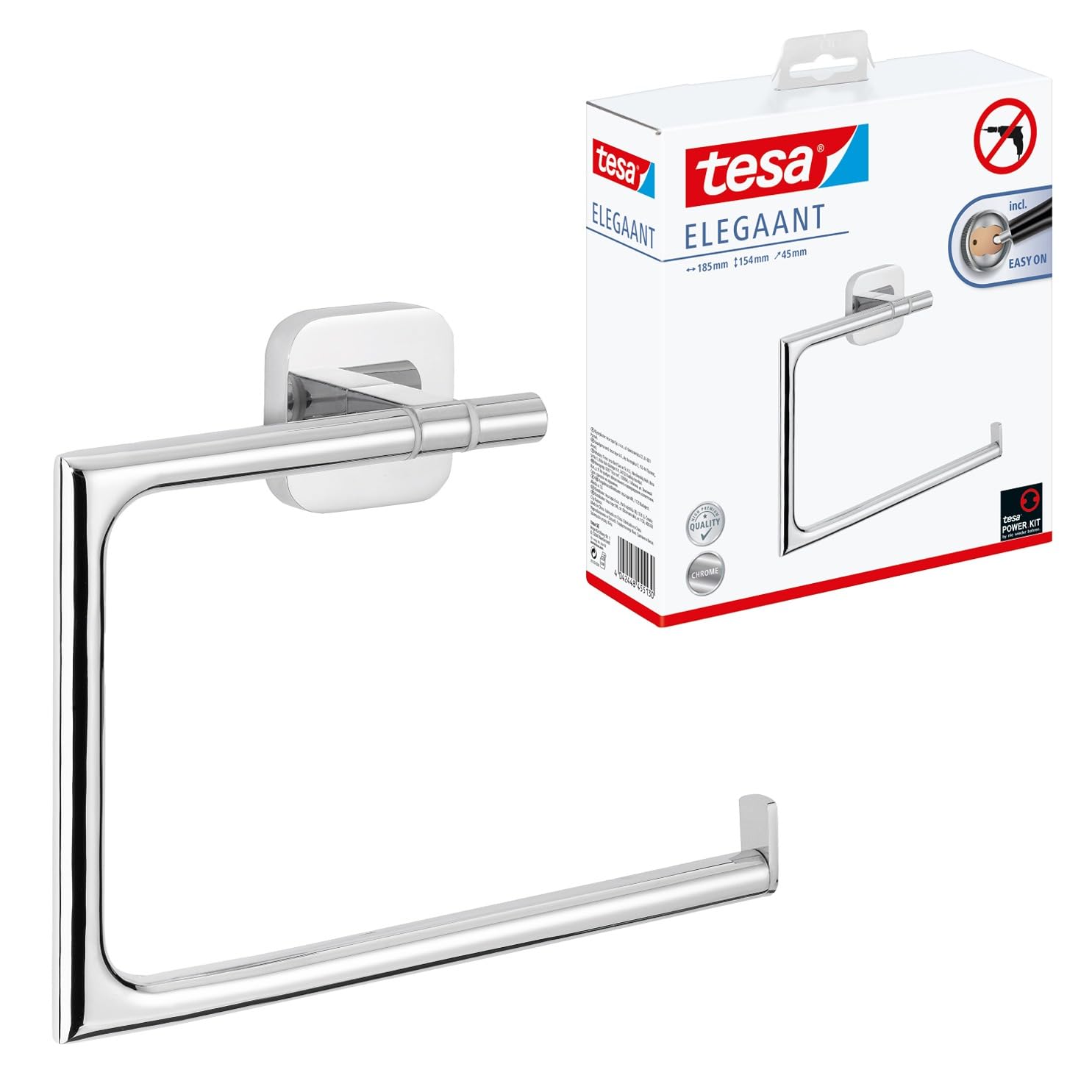 Tesa Uk Chrome Tesa Elegaant Towel Ring - Self-Adhesive Hand Towel Ring In Stainless-Steel Design - Wall-Mounted Towel Holder - Waterproof, Incl. Power.kit Adhesive Solution - 154 Mm X 185 Mm X 45 Mm
