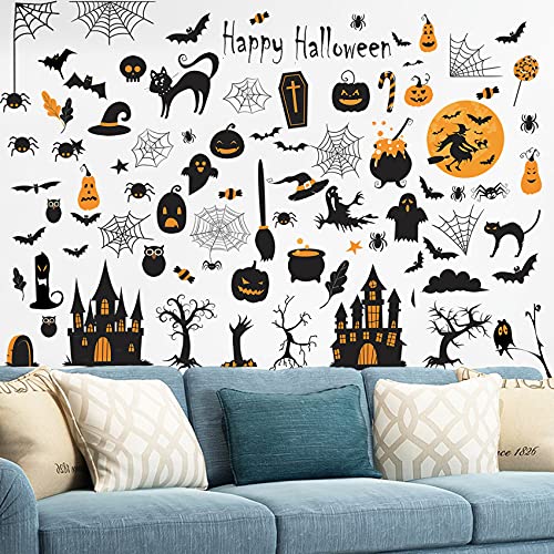 Eutecado Happy Halloween Wall Decals Spooky Halloween Wall Window Stickers, Cemetery Castle Skeleton Cats Ghost Witch Bats Wall Decor Posters Removable Halloween Party Decoration Vinyl Wallpaper #TOP3