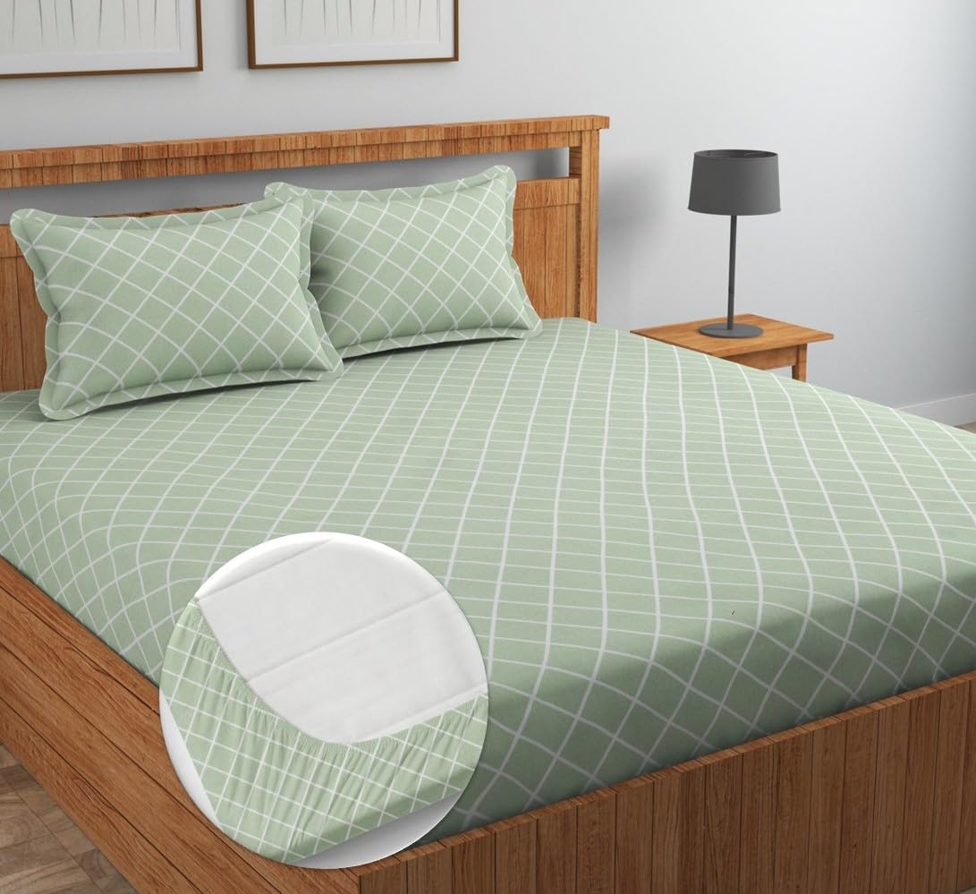 NEW LEAF Pure Cotton All Round Elastic Fitted Bedsheets for Double Bed with 2 King Size Pillow Covers 220 TC Supersoft |Wrinkel Free Bed Cover Size - 72x78+10 inches, Olive Green-picture-40